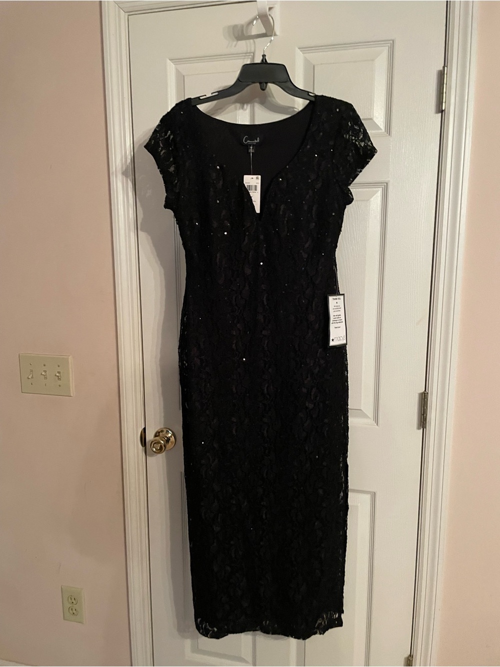 Black Lace Midi Dress with Sequin Detail & matching Bolero Jacket.